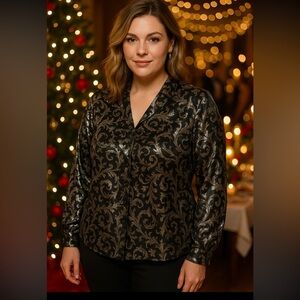 VTG Joanna Womens Black And Silver Button Up Long Sleeve Shirt Large